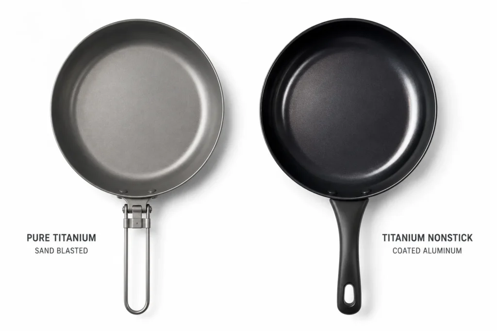 Pure titanium pan (left) vs titanium-coated nonstick pan (right) - visual comparison of the two distinct cookware types