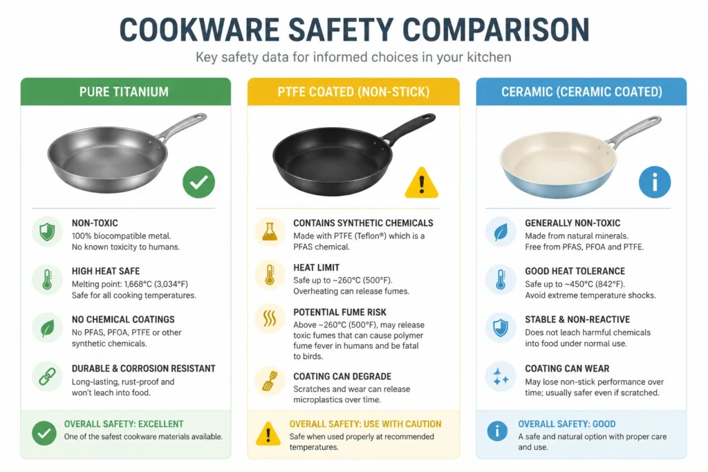 Three types of titanium cookware compared: pure titanium, titanium-coated PTFE, and ceramic-coated - safety profiles at a glance