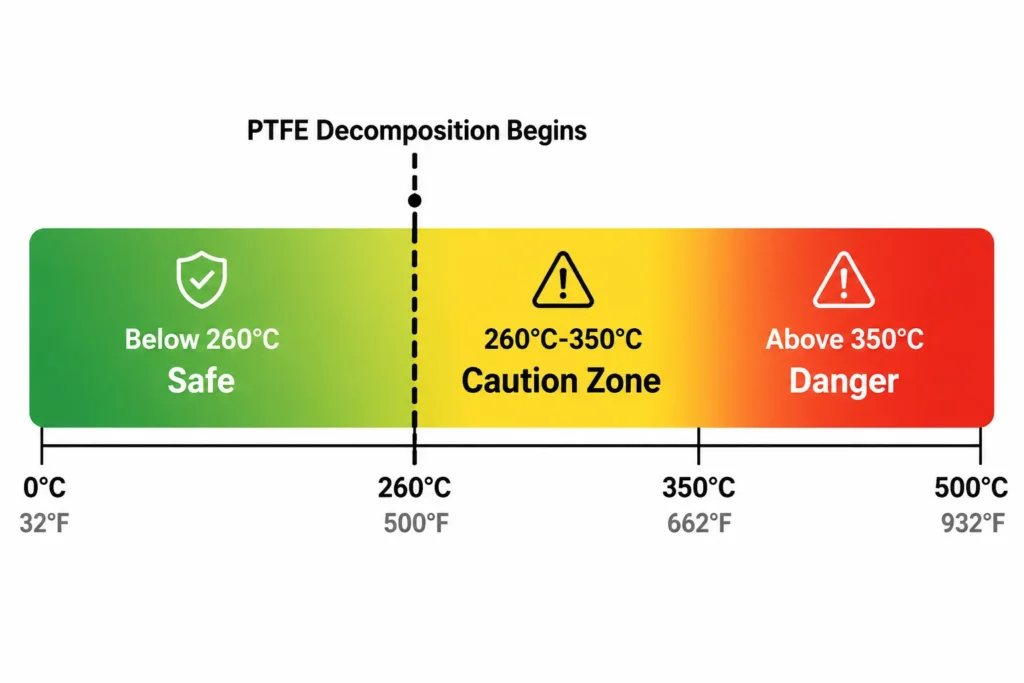 PTFE coating temperature safety chart showing the critical 260°C decomposition threshold - green safe zone below, red danger zone above