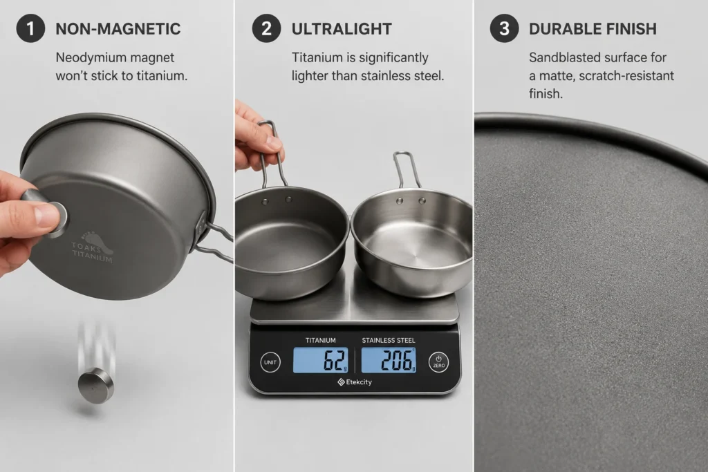 Three methods to verify pure titanium cookware: magnet test (magnet not sticking), weight comparison, and surface texture inspection