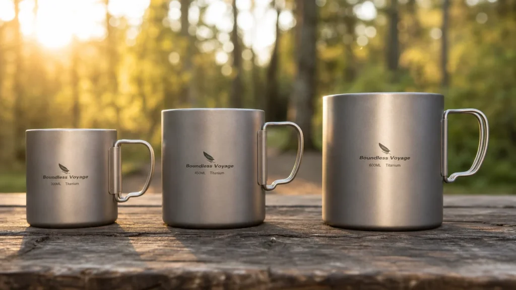 Titanium Mug Capacity Guide 2026: Every Size Explained So You Pick the Right One 1 Titanium camping mugs in 300ml 450ml and 600ml sizes side by side outdoor comparison