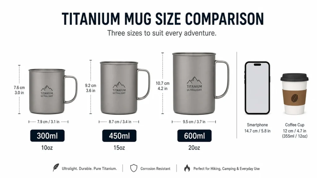 Titanium Mug Capacity Guide 2026: Every Size Explained So You Pick the Right One 2 Titanium mug capacity size comparison infographic 300ml 450ml 600ml