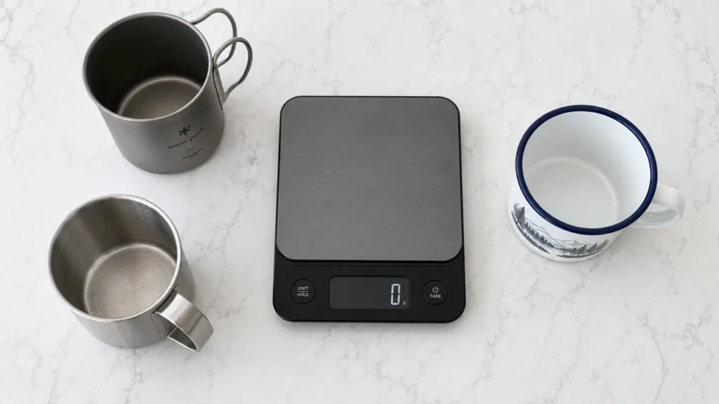 Titanium Mug Capacity Guide 2026: Every Size Explained So You Pick the Right One 3 Titanium stainless steel enamel mug weight comparison on kitchen scale