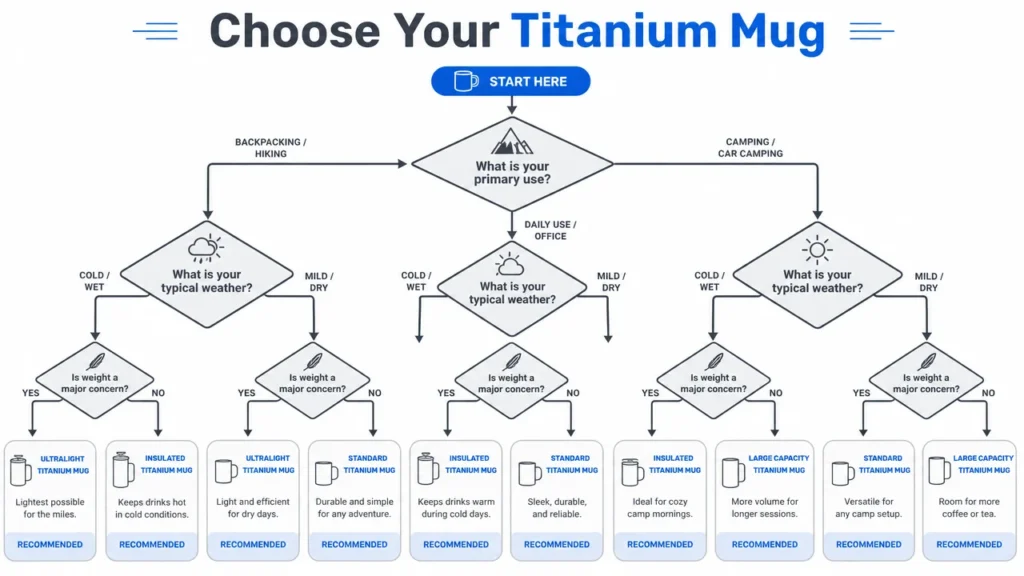 Titanium Mug Capacity Guide 2026: Every Size Explained So You Pick the Right One 4 Titanium mug selection decision tree chart capacity wall type weight