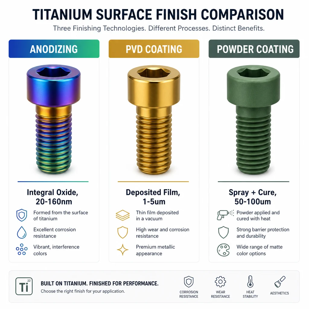 Infographic comparing titanium anodizing, PVD coating, and powder coating side by side on titanium bolts