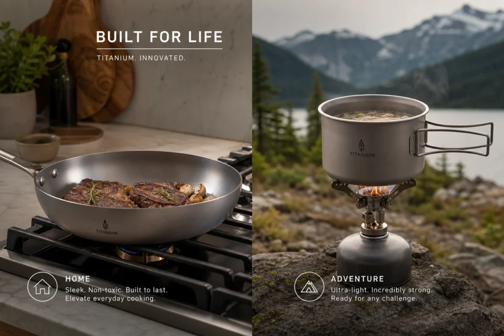 Best titanium cookware brands of 2026 showing a home kitchen skillet and a camping pot