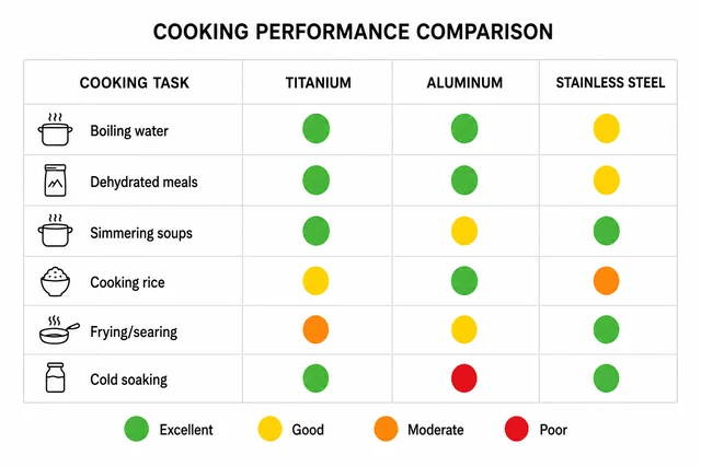 Titanium Cookware Weight Comparison: A Hands-On Guide to Lightweight Cooking Gear 2 Cooking performance comparison matrix showing titanium, aluminum, and stainless steel performance across 6 cooking tasks