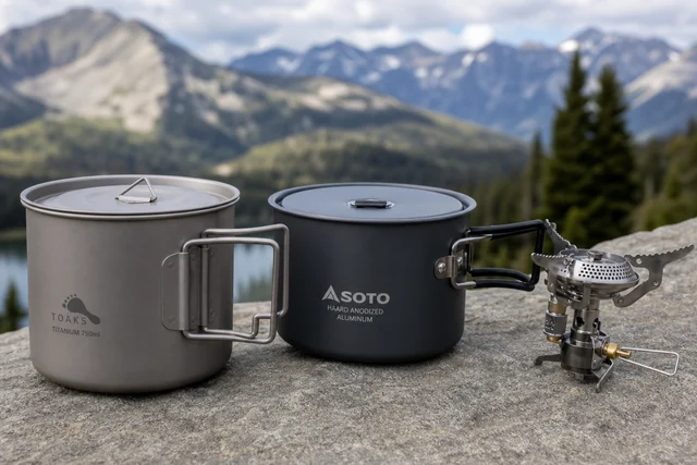 Titanium Cookware Weight Comparison: A Hands-On Guide to Lightweight Cooking Gear 3 Hybrid cookware system featuring one titanium pot and one aluminum pot side by side on outdoor rock with backpacking stove