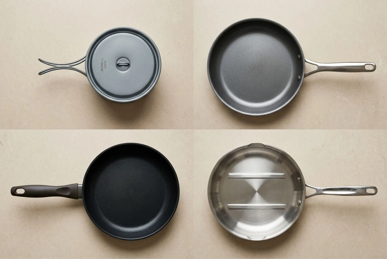 Titanium Biocompatibility and Food Grade Titanium: What the Standards Actually Say (And What They Don’t) 2 Pure titanium cookware vs titanium-coated nonstick pan - side by side comparison showing the material difference