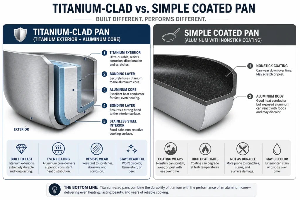 Cross-section diagram comparing pure titanium, titanium-clad, and titanium-coated cookware layers