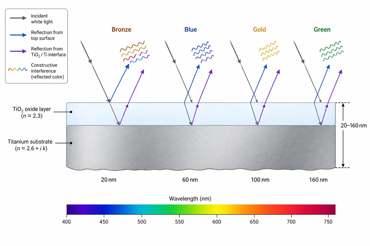 Scientific diagram showing thin-film interference in titanium anodizing - how oxide layer thickness controls color through constructive light interference