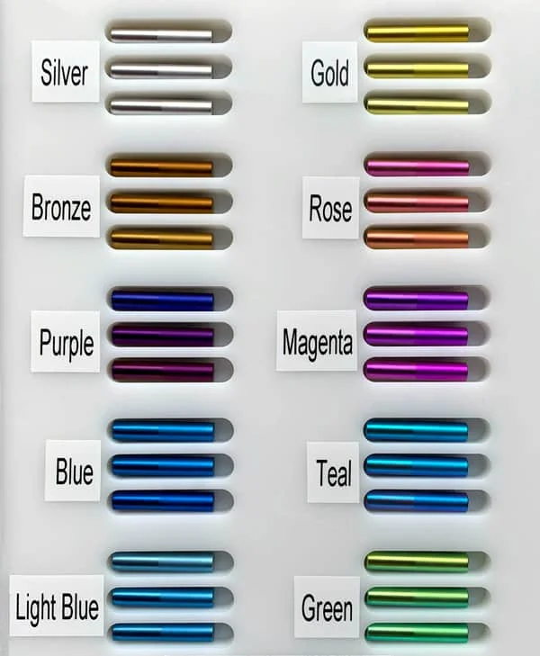 Titanium anodize color chart showing bronze blue gold green spectrum from Best Technology