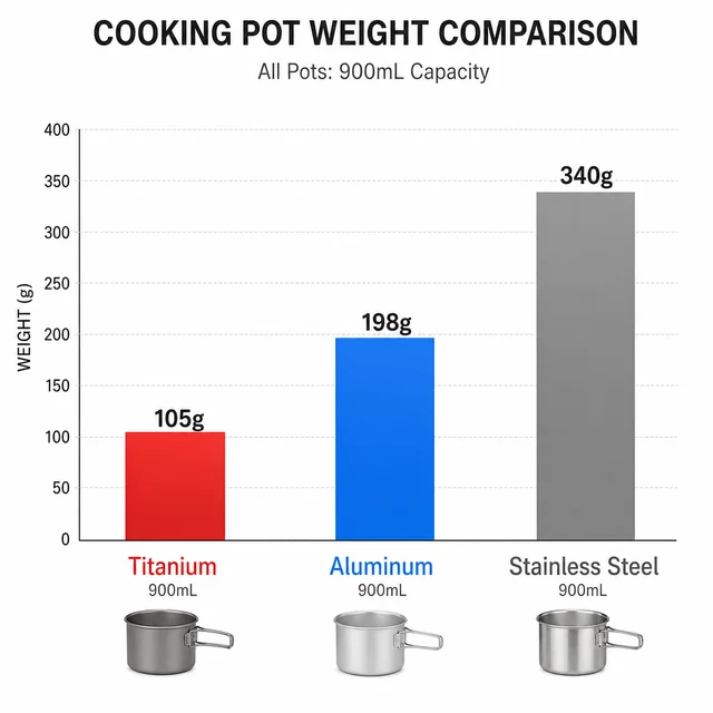 Titanium Cookware Weight Comparison: A Hands-On Guide to Lightweight Cooking Gear 1 Weight comparison infographic showing titanium (105g), aluminum (198g), and stainless steel (340g) pot weights for 900mL capacity