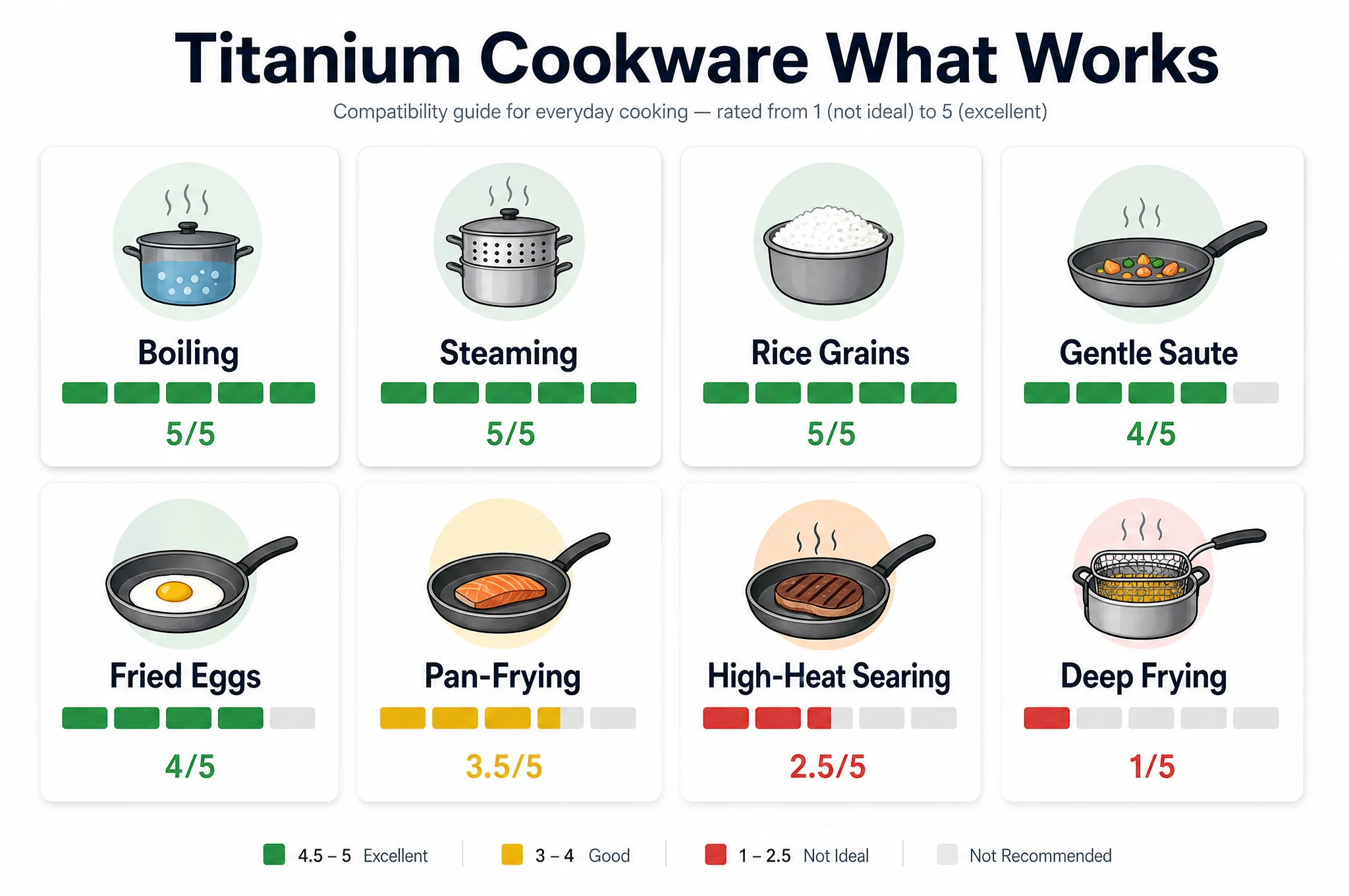 Titanium cookware cooking method compatibility chart showing ratings from 1-5 for different cooking techniques
