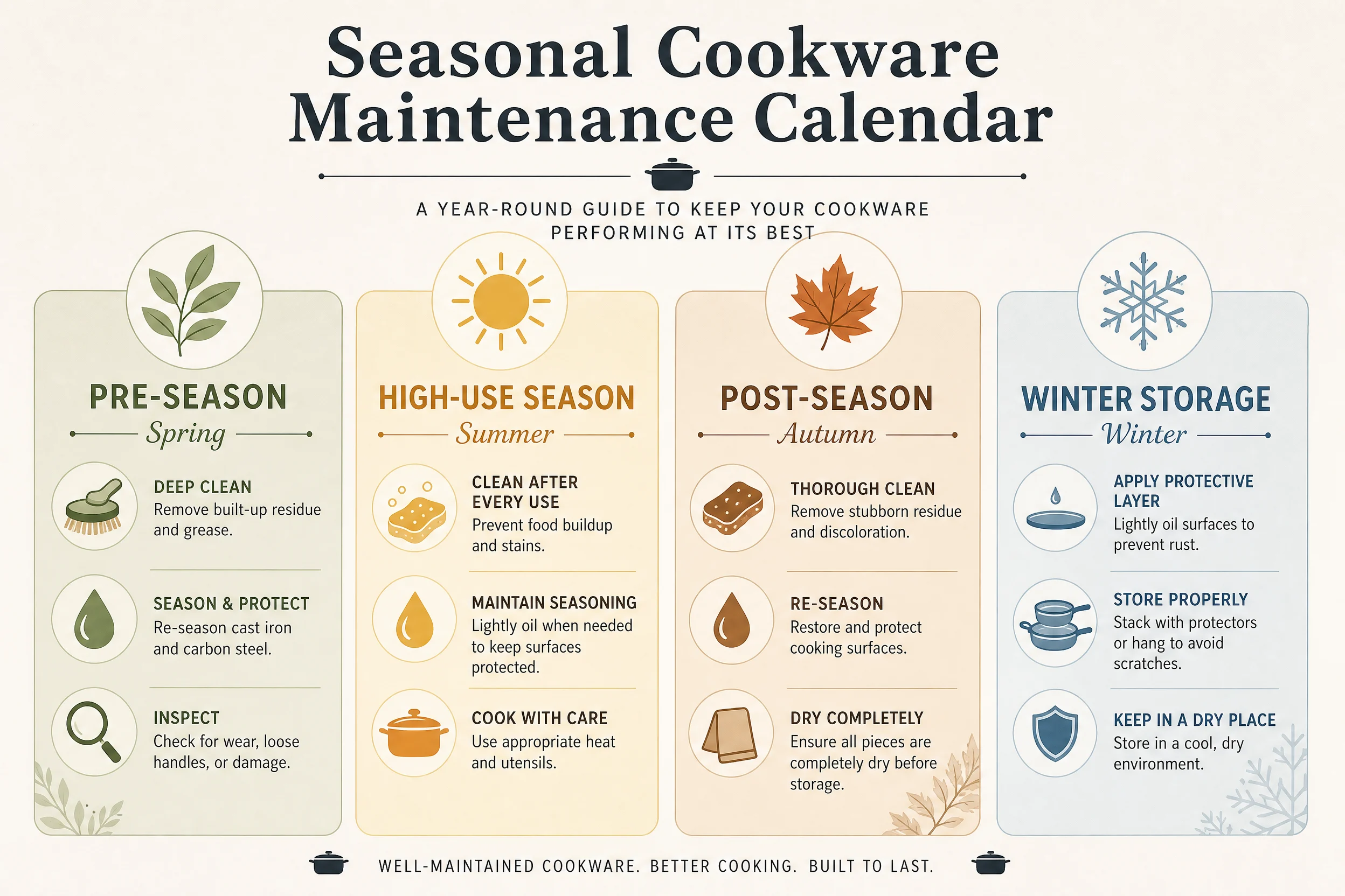 Seasonal titanium cookware maintenance calendar infographic - pre-season, high-use, post-season, and winter storage guide