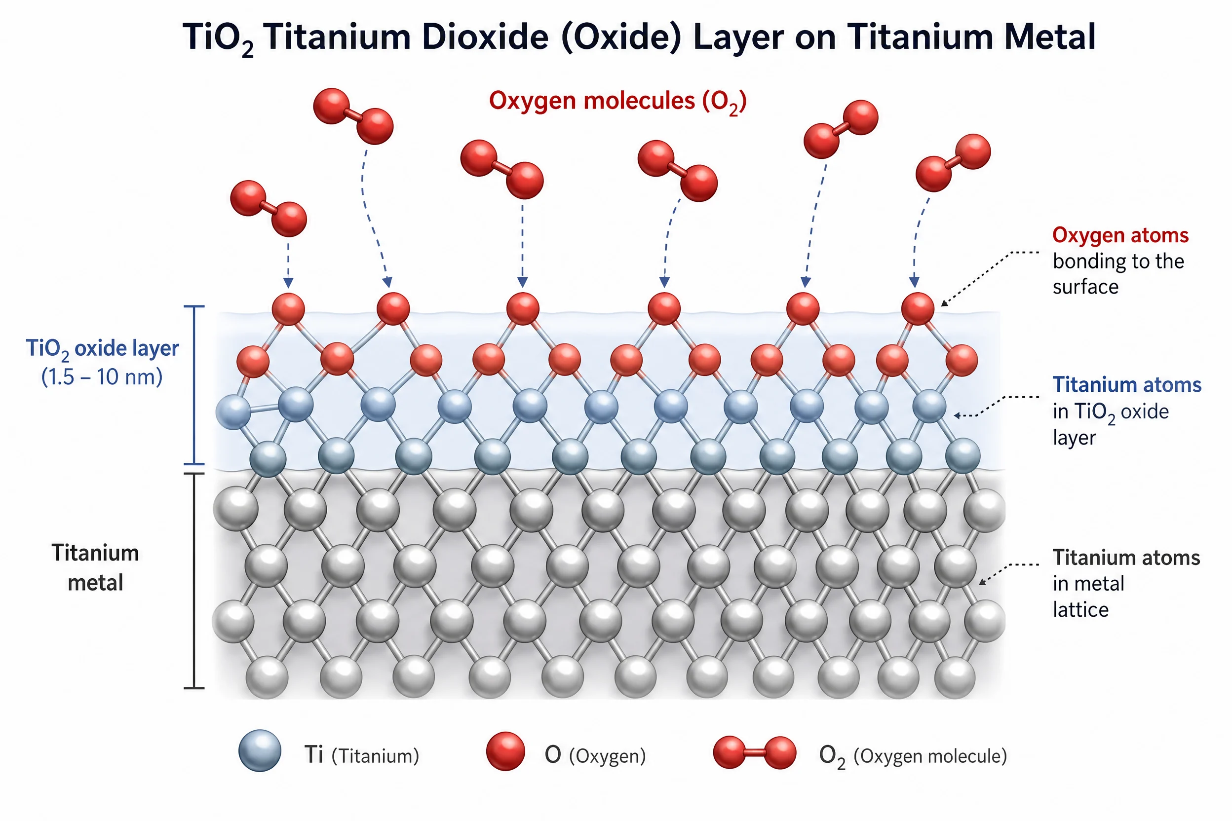 TiO2 oxide layer formation on titanium metal surface - scientific cross-section diagram showing oxygen molecules bonding to titanium
