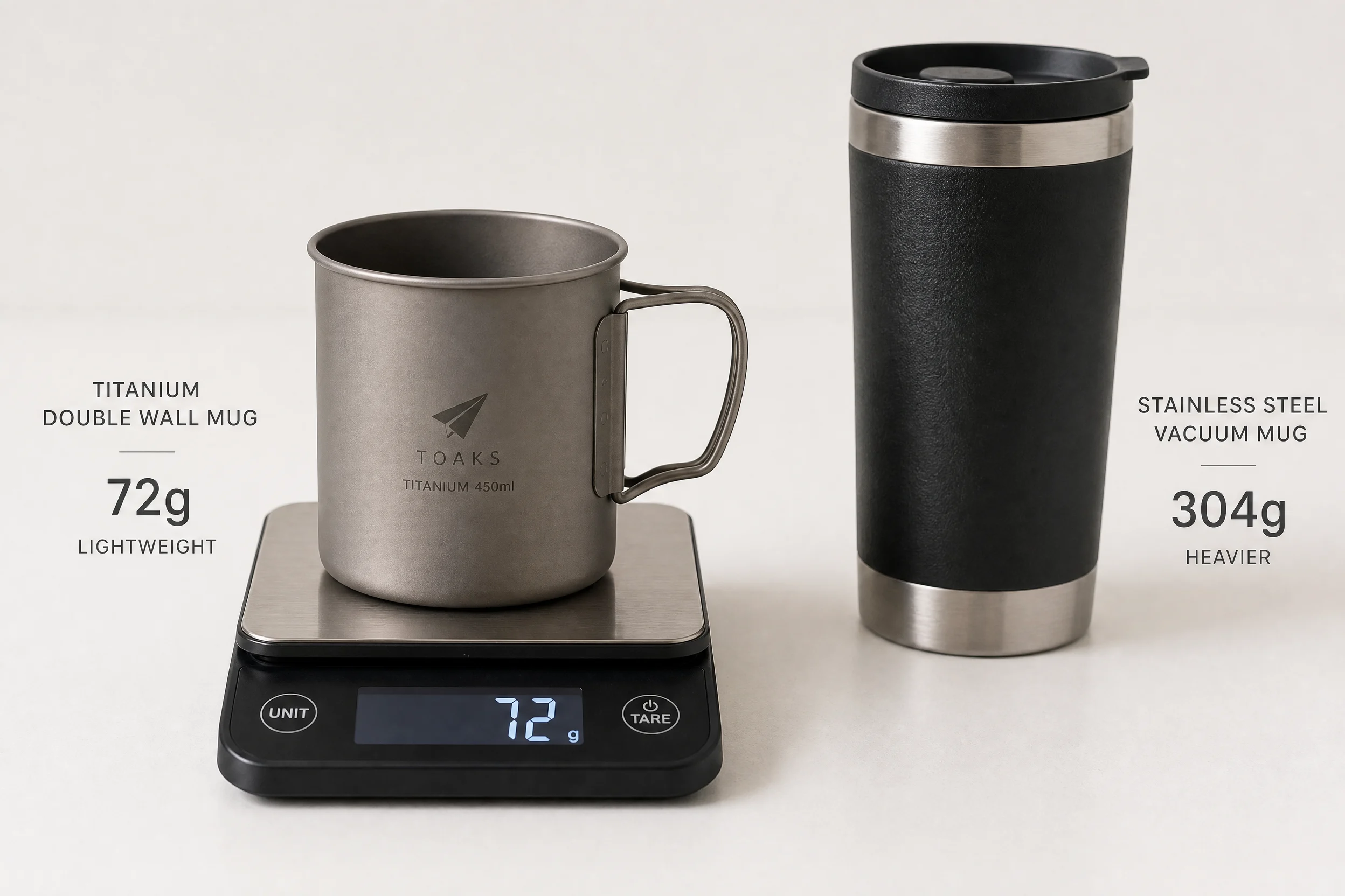 Guide des mugs isothermes en titane : double paroi, isolation sous vide et quels modèles valent la peine d'être emportés 2 Tasse de camping légère en titane à double paroi, posée sur une balance à côté d'une bouteille isotherme en acier inoxydable plus lourde, illustrant la différence de poids