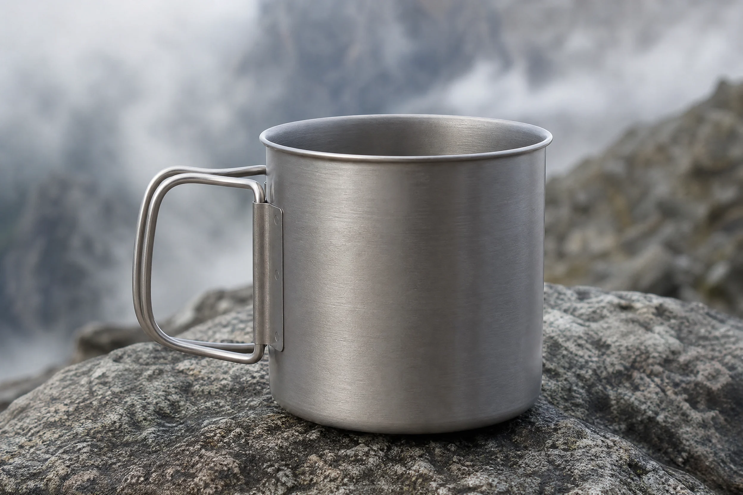 Guide des mugs isothermes en titane : double paroi, isolation sous vide et quels modèles valent la peine d'être emportés 3 Tasse de camping TOAKS en titane à double paroi avec poignées rabattables, posée sur un rocher de granit dans un décor alpin
