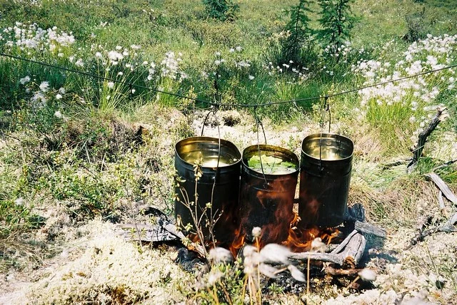 Batterie de cuisine de camping en titane : le guide honnête sur ce qu’elle fait (et ne fait pas) bien 4 Casserole de camping posée sur un feu de bois à ciel ouvert, présentant une accumulation de suie de carbone sur la face extérieure – Comparaison entre les ustensiles de cuisine pour feu de camp : titane vs inox