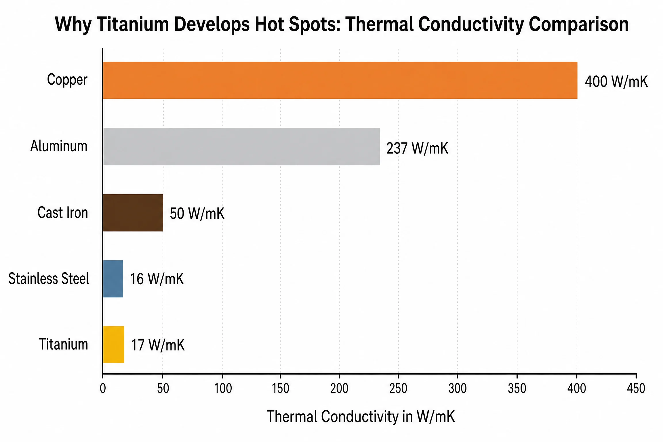 The Real Titanium Cookware Maintenance Guide: Care Routines That Actually Work 4 Bar chart comparing thermal conductivity of cookware materials - copper 400, aluminum 237, cast iron 50, stainless steel 16, titanium 17 watts per meter kelvin