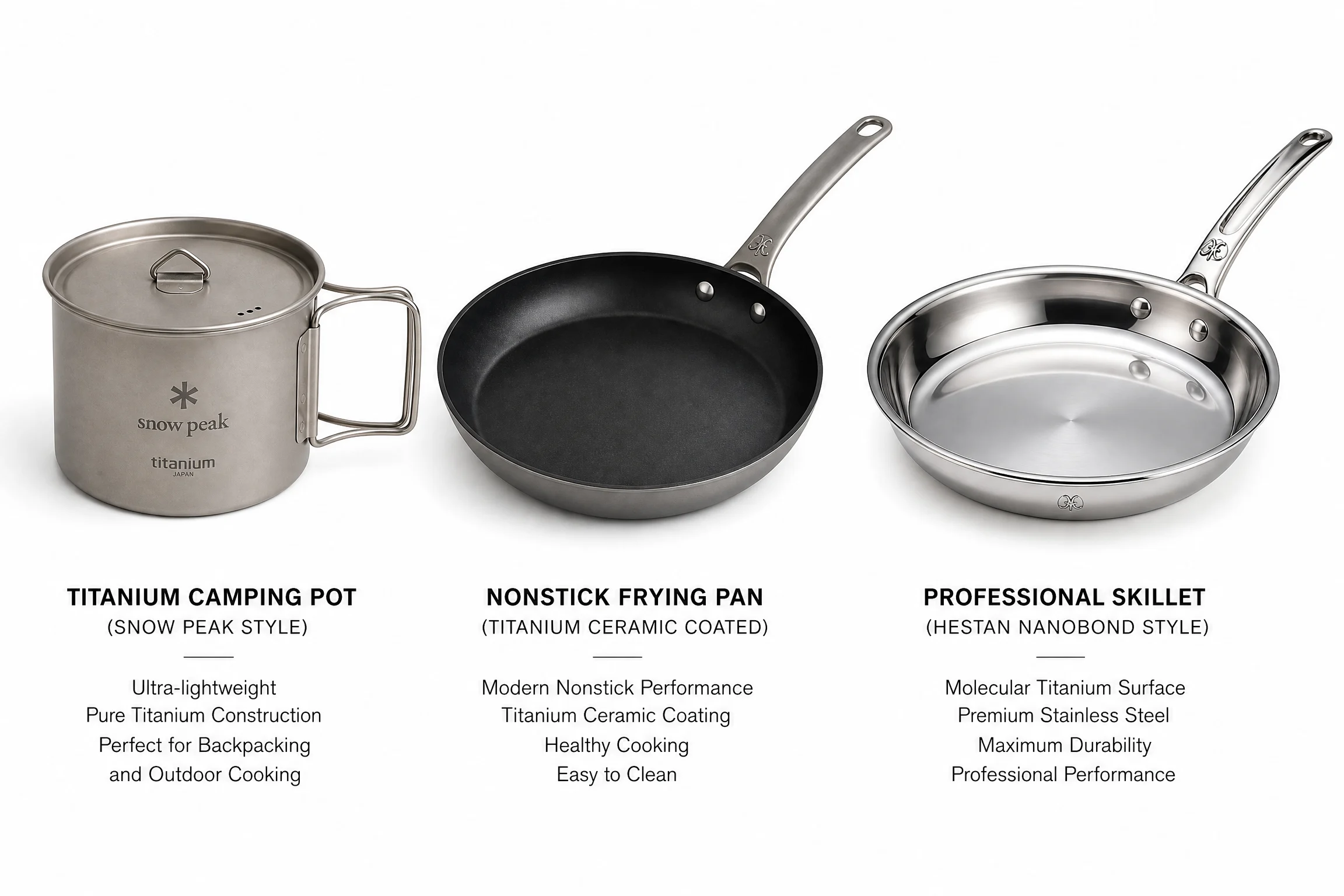 The Real Titanium Cookware Maintenance Guide: Care Routines That Actually Work 1 Three types of titanium cookware side by side - pure titanium camping pot, titanium-coated nonstick pan, Hestan NanoBond professional skillet comparison