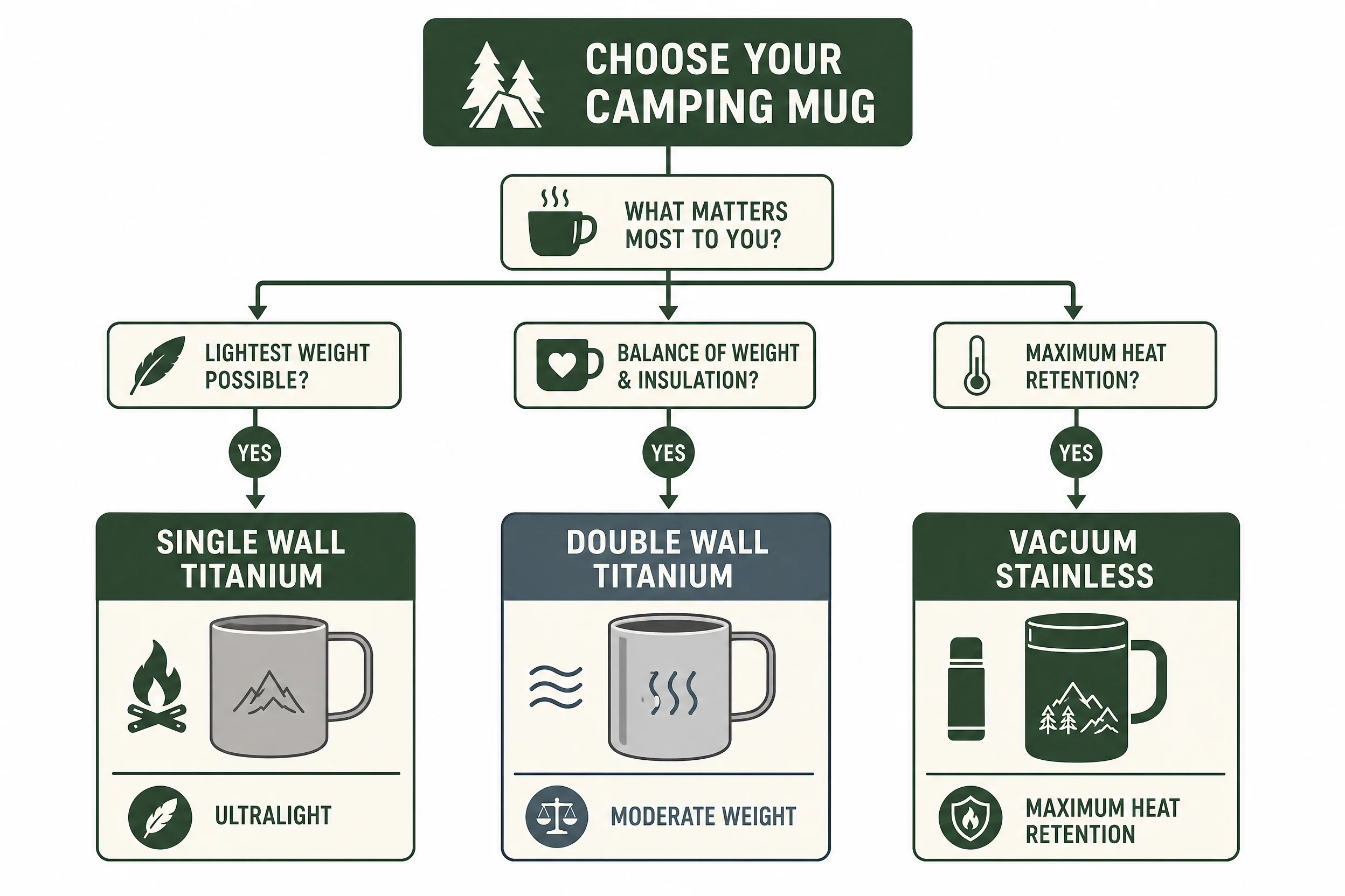Guide des mugs isothermes en titane : double paroi, isolation sous vide et quels modèles valent la peine d'être emportés 4 Organigramme d'aide à la décision pour choisir entre une tasse de camping en titane à simple paroi, en titane à double paroi et en acier inoxydable à isolation sous vide