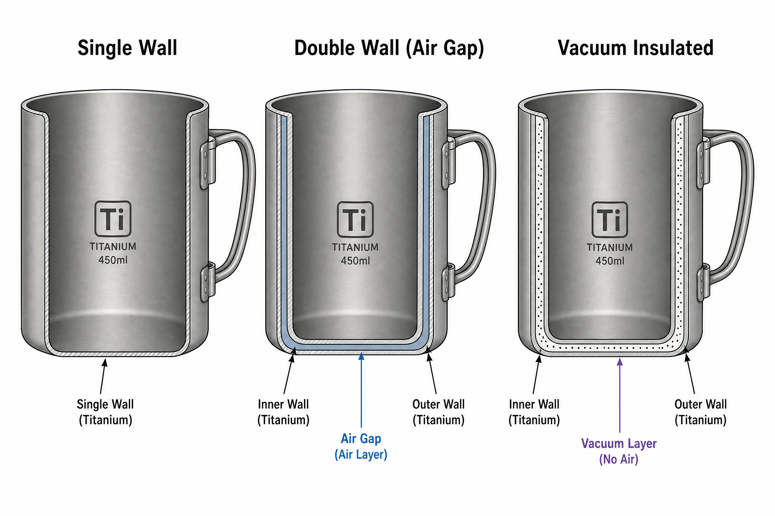Guide des mugs isothermes en titane : double paroi, isolation sous vide et quels modèles valent la peine d'être emportés 1 Schéma en coupe comparant la structure d'une tasse en titane à simple paroi, à double paroi avec intercalaire d'air et à isolation sous vide