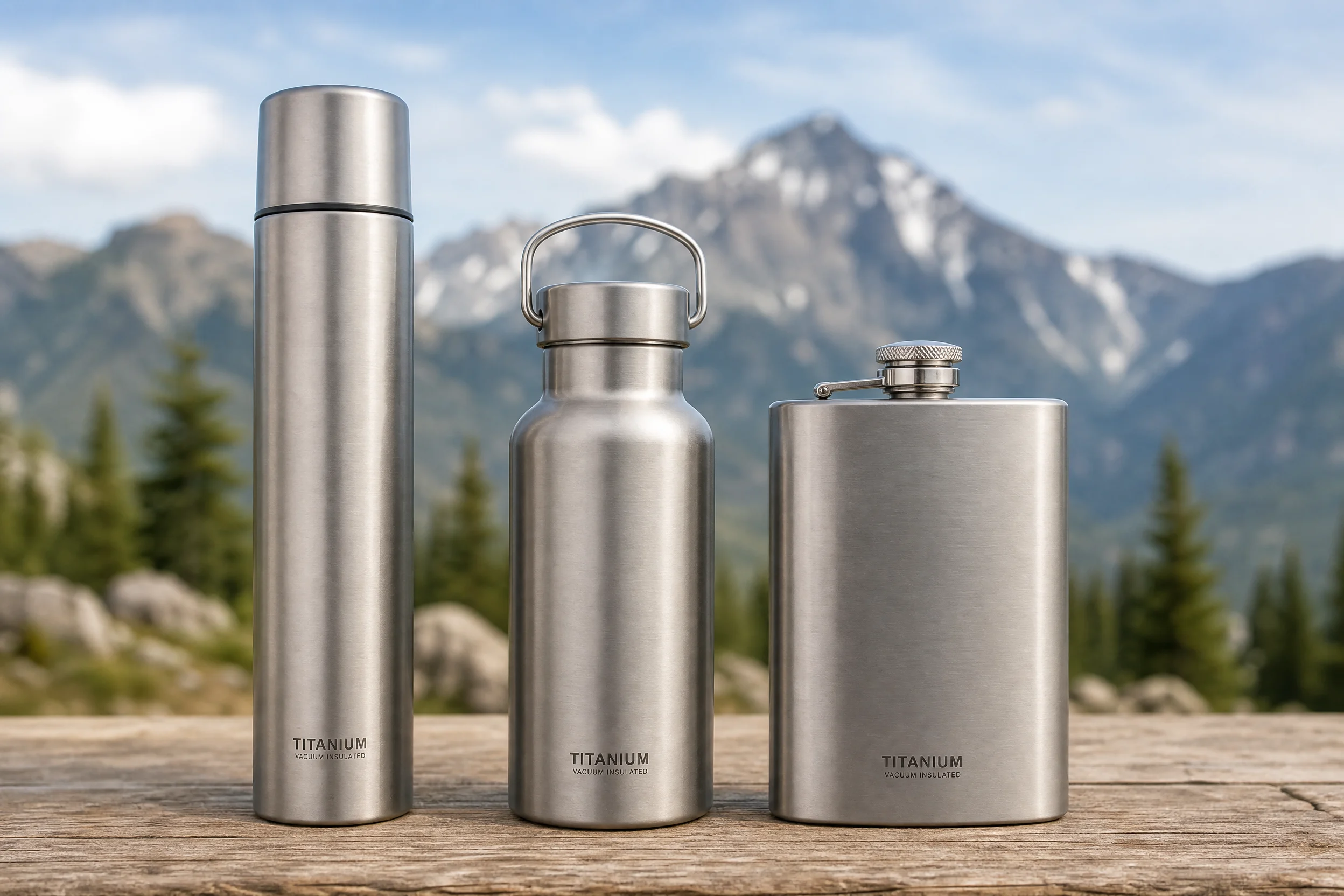 Termo de titanio, termo al vacío, botella isotérmica y termo: ¿en qué se diferencian realmente? 1 Tres recipientes aislantes de titanio —un termo, un frasco al vacío y una botella térmica— alineados uno al lado del otro; fotografía de productos para exteriores con acabado metálico de titanio cepillado.