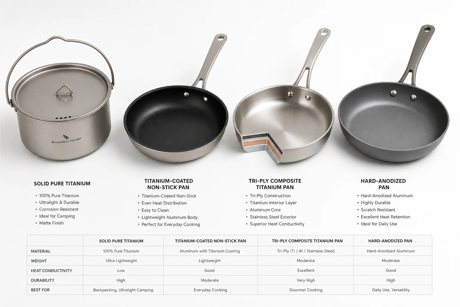 Four types of titanium cookware comparison - pure titanium camping pot, titanium-coated pan, tri-ply composite pan, and hard-anodized pan - flat lay studio product photography Four types of titanium cookware comparison - pure titanium camping pot, titanium-coated pan, tri-ply composite pan, and hard-anodized pan - flat lay studio product photography