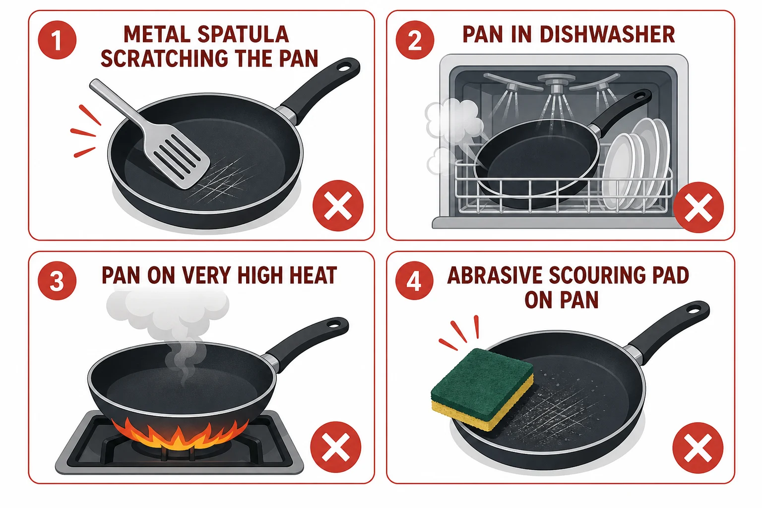 Four-panel infographic showing mistakes that damage non-stick pans - metal utensils, dishwasher, high heat, and abrasive scrubbing - illustrated in flat icon style