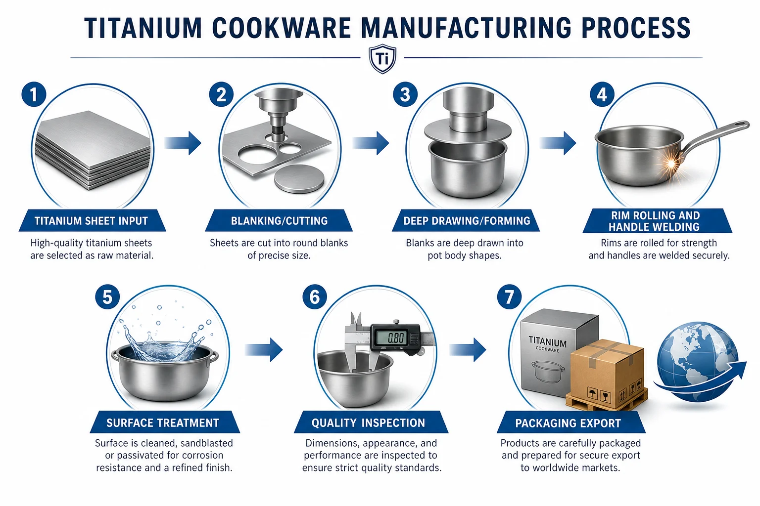 Titanium cookware manufacturing process flow infographic - 7 steps from titanium sheet input through blanking, forming, welding, surface treatment, inspection to packaging Titanium cookware manufacturing process flow infographic - 7 steps from titanium sheet input through blanking, forming, welding, surface treatment, inspection to packaging