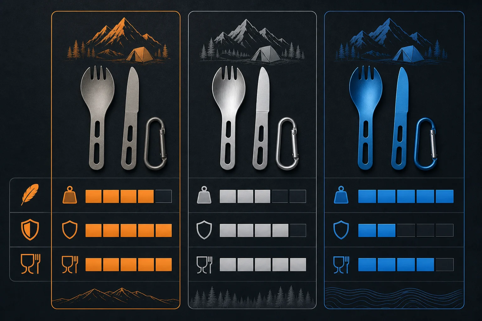 Material comparison infographic for titanium vs stainless steel vs aluminum camping utensils - weight durability food safety visual chart