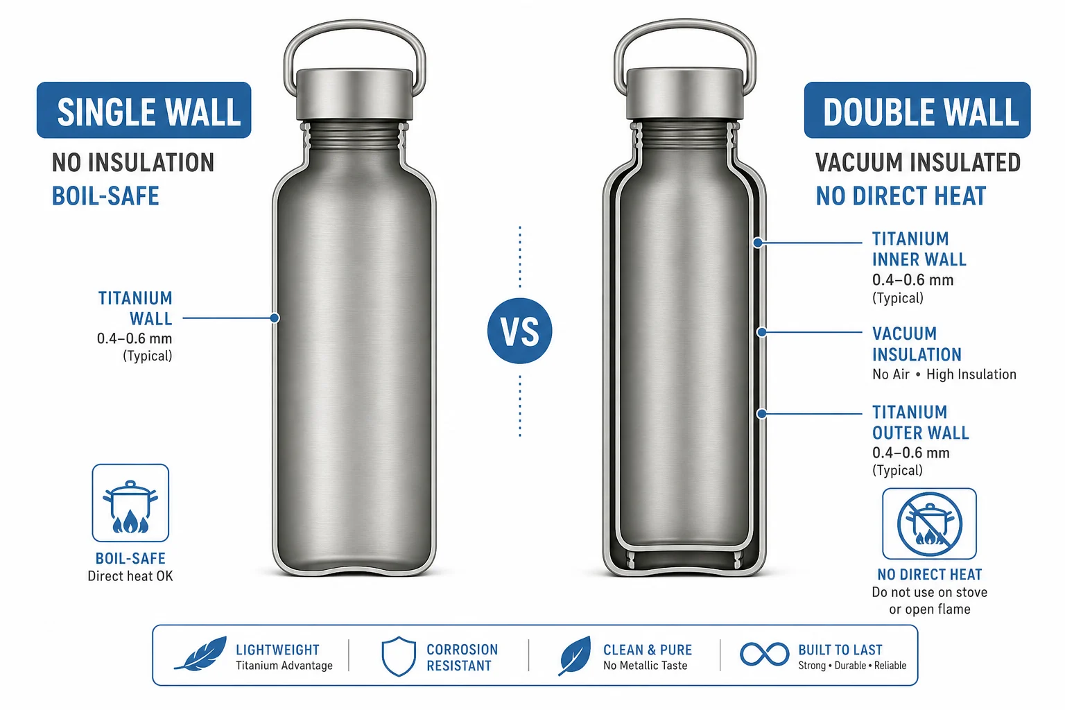 Single wall vs double wall titanium water bottle cross-section comparison diagram - insulation difference illustrated