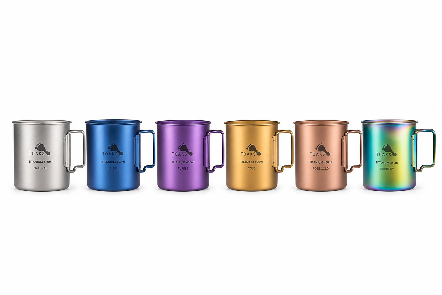 Titanium cookware anodizing color options - six titanium mugs in natural silver, blue, purple, gold, rose gold, and rainbow iridescent anodized finishes for OEM branding