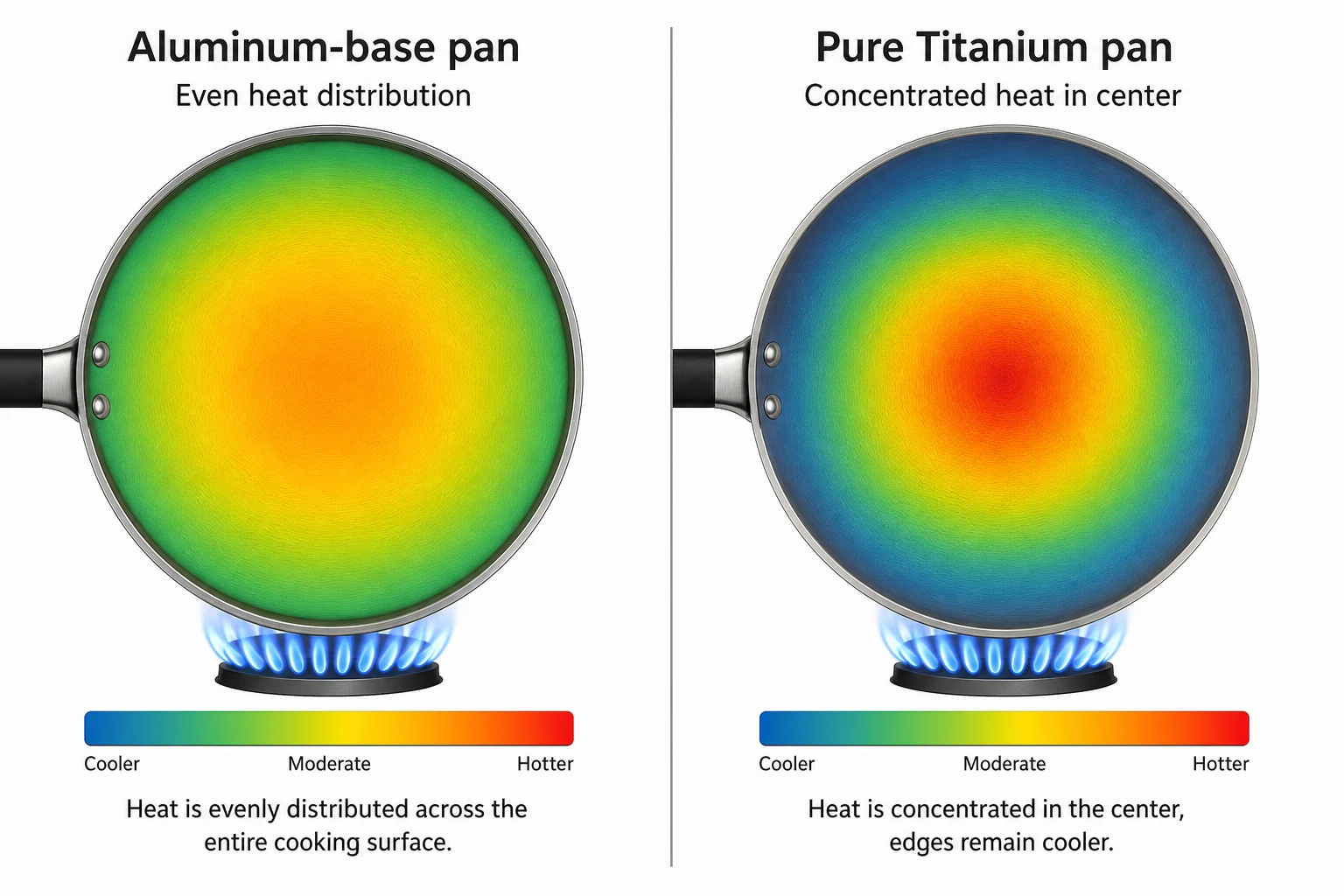 Split-screen diagram comparing heat distribution — aluminum-base pan with even heat spread versus pure titanium pan with central hot spot above flame Split-screen diagram comparing heat distribution — aluminum-base pan with even heat spread versus pure titanium pan with central hot spot above flame