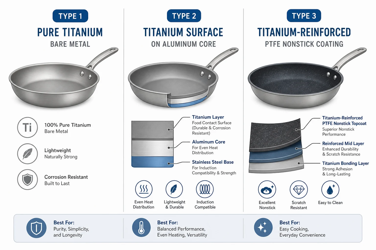 Illustration comparing three types of titanium cookware - pure titanium, titanium surface on aluminum core, and titanium-reinforced PTFE nonstick Illustration comparing three types of titanium cookware - pure titanium, titanium surface on aluminum core, and titanium-reinforced PTFE nonstick
