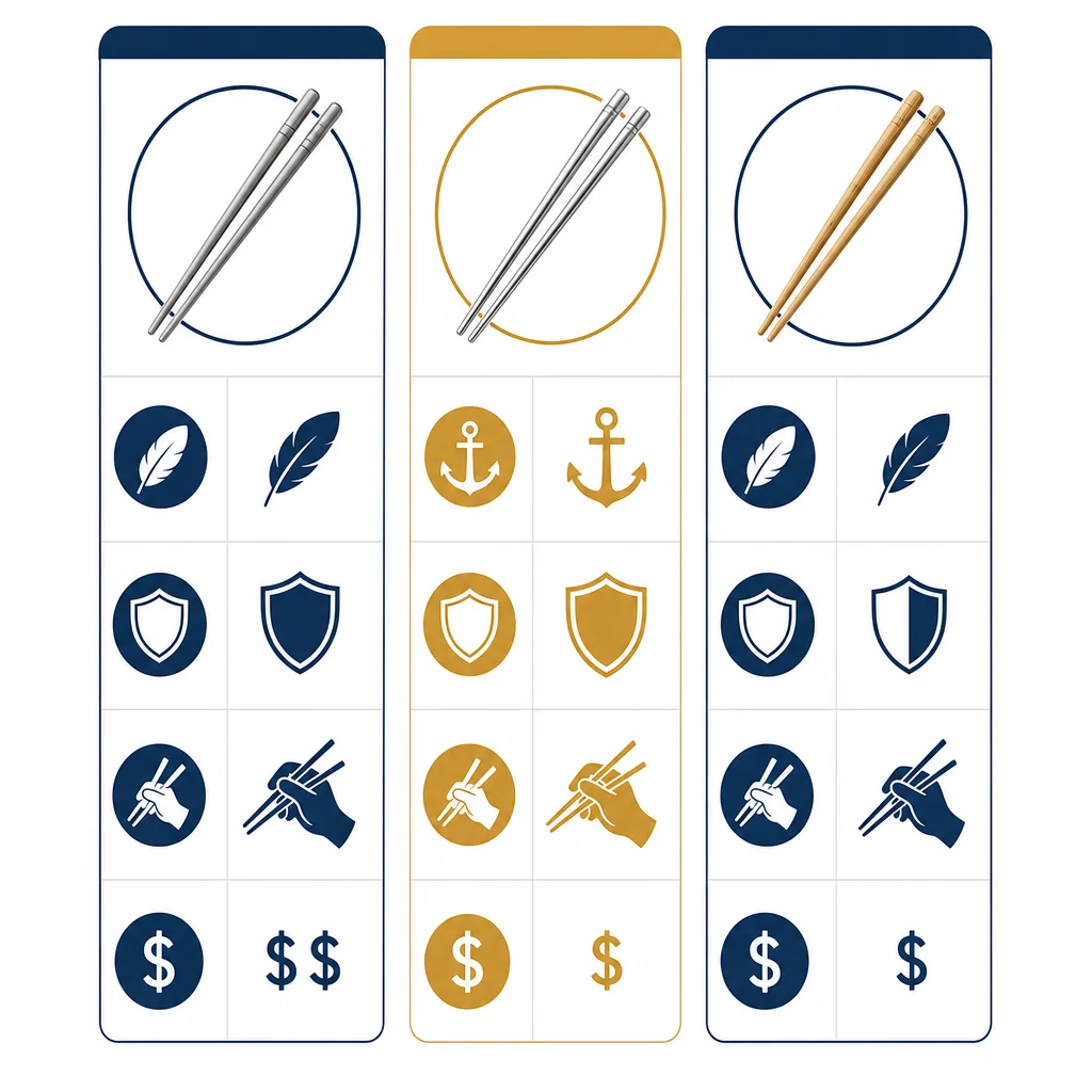 Titanium vs stainless steel vs bamboo chopsticks material comparison infographic - weight durability grip price icons