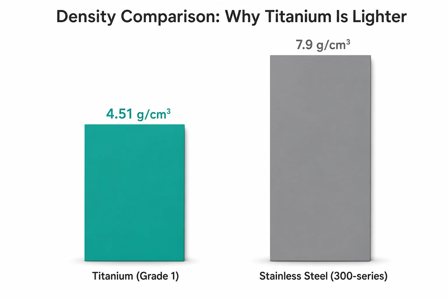 Density comparison chart: titanium Grade 1 at 4.51 g/cm³ versus stainless steel 300-series at 7.9 g/cm³ - visual weight difference infographic Density comparison chart: titanium Grade 1 at 4.51 g/cm³ versus stainless steel 300-series at 7.9 g/cm³ - visual weight difference infographic