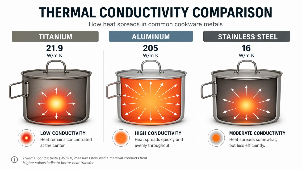 Thermal conductivity comparison infographic - titanium 21.9 W/m·K vs aluminum 205 W/m·K vs stainless steel showing heat distribution patterns
