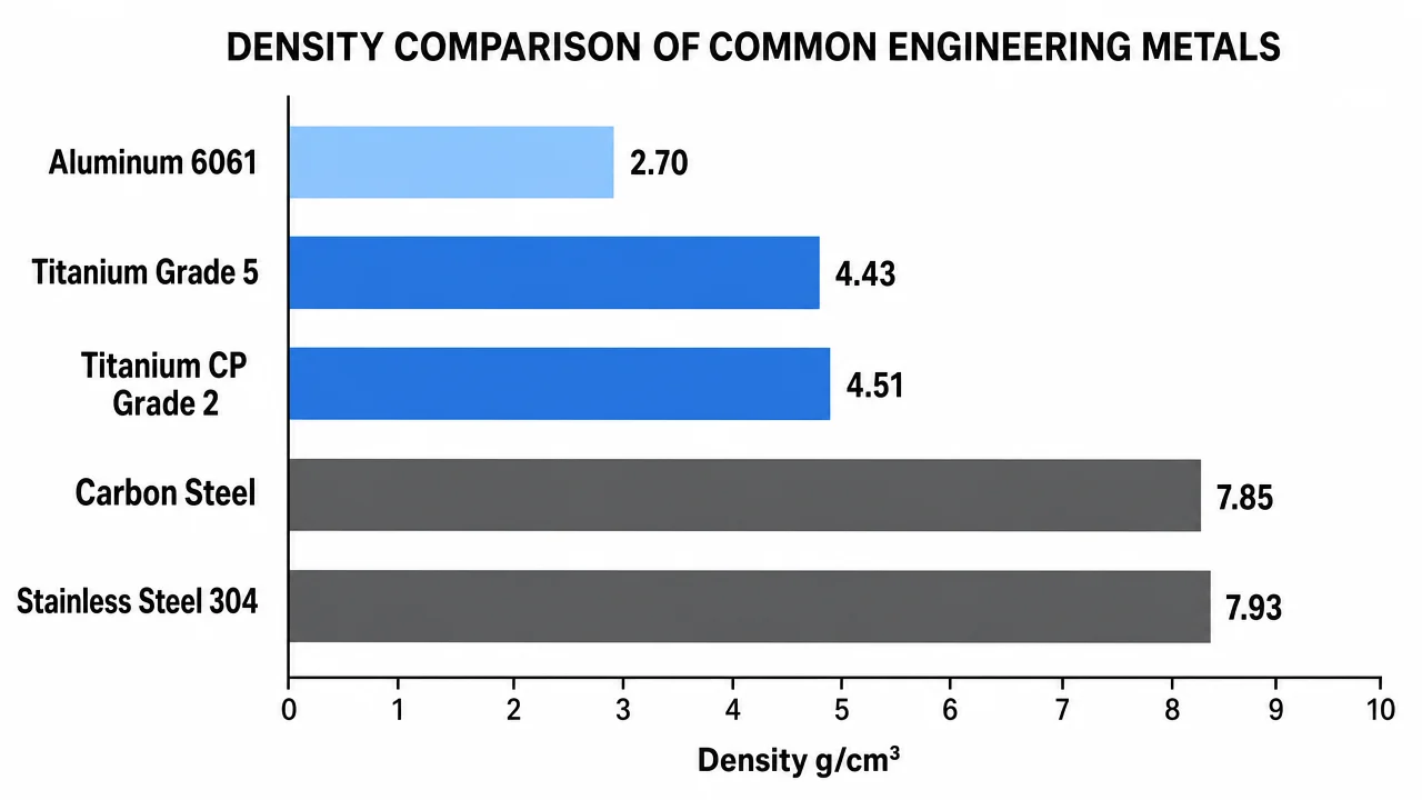 Density comparison bar chart showing titanium grades vs carbon steel and stainless steel in g/cm3 - engineering material selection data Density comparison bar chart showing titanium grades vs carbon steel and stainless steel in g/cm3 - engineering material selection data