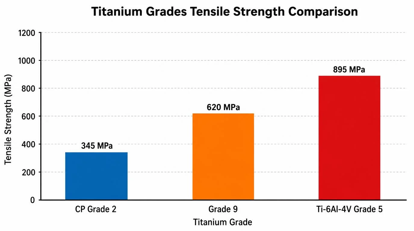 Tensile strength comparison chart for titanium grades - CP Grade 2 at 345 MPa, Grade 9 at 620 MPa, Ti-6Al-4V Grade 5 at 895 MPa bar chart Tensile strength comparison chart for titanium grades - CP Grade 2 at 345 MPa, Grade 9 at 620 MPa, Ti-6Al-4V Grade 5 at 895 MPa bar chart