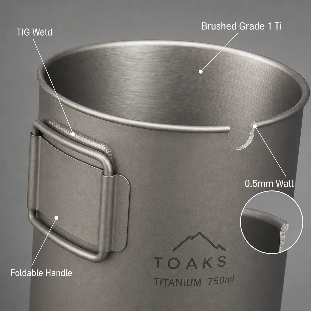 Titanium camping pot quality construction details - TIG weld, foldable handle, brushed Grade 1 titanium interior, and 0.5mm wall thickness annotations