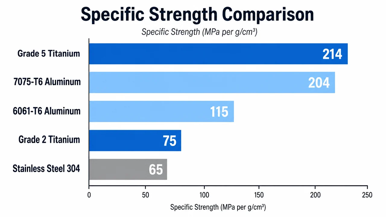 Specific strength comparison chart - Grade 5 titanium vs aluminum 7075 6061 vs stainless steel 304 in MPa per g/cm3 Specific strength comparison chart - Grade 5 titanium vs aluminum 7075 6061 vs stainless steel 304 in MPa per g/cm3