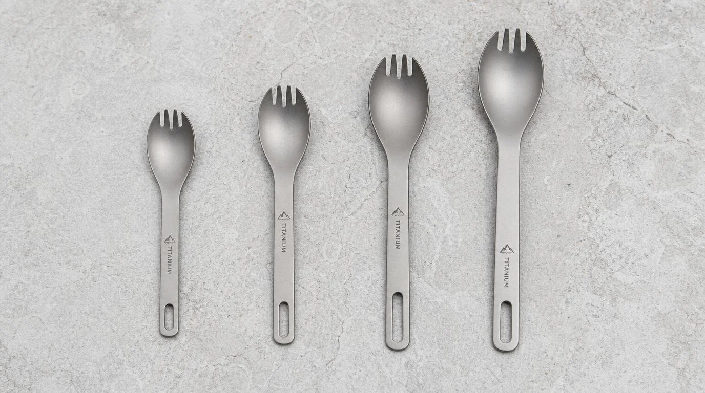 Four titanium sporks side by side on a stone surface showing different handle lengths and sizes for camping
