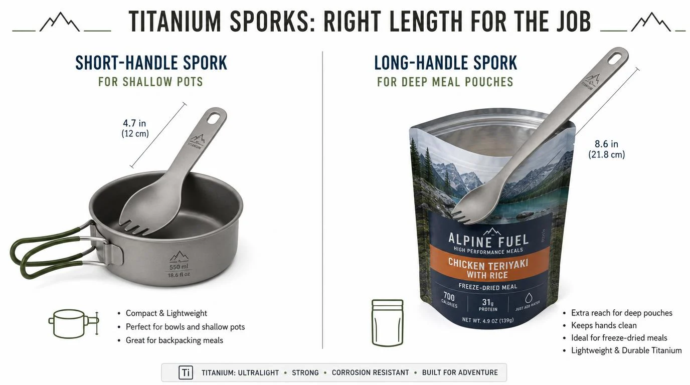 Diagram comparing short-handle titanium spork over a shallow pot versus long-handle spork reaching into a freeze-dried meal pouch