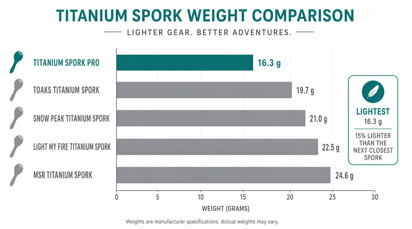 Titanium spork weight comparison chart showing grams for Snow Peak, TOAKS, Vargo and Light My Fire models