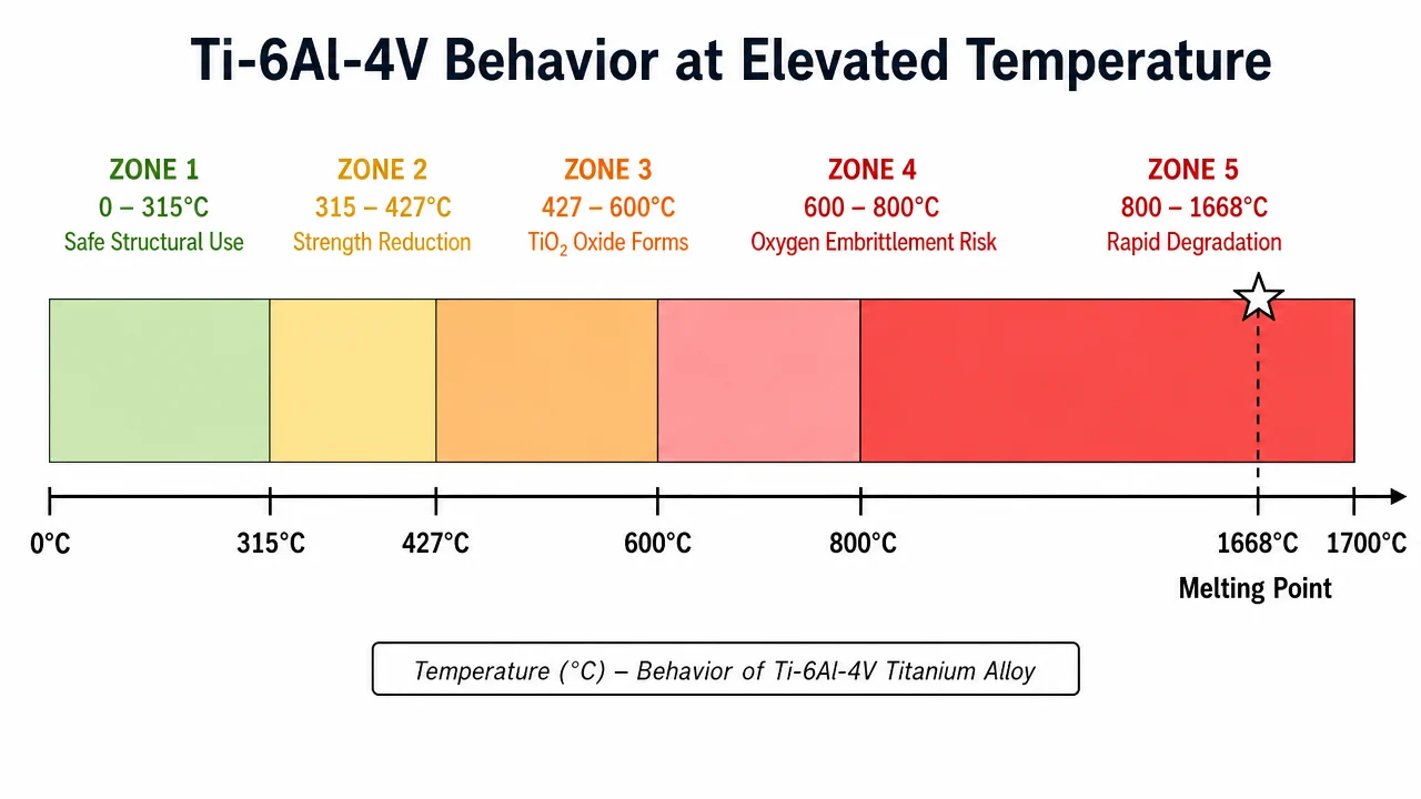 Ti-6Al-4V temperature zone diagram showing safe use, strength reduction, oxidation, and embrittlement zones from 0 to 900°C