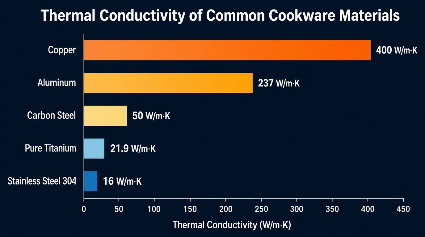 Bar chart comparing thermal conductivity of cookware materials - copper 400, aluminum 237, carbon steel 50, titanium 21.9, stainless steel 16 W/m·K