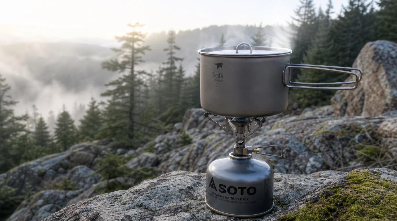Ultralight single-layer titanium pot boiling water on a backpacking gas canister stove - outdoor mountain terrain camping